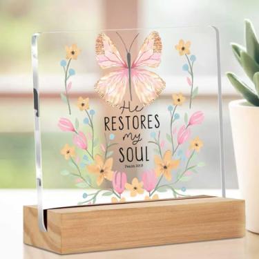 Imagem de Placa de acrílico cristã de borboleta rosa com suporte, presentes cristãos para mulheres, decorações de mesa motivacionais, presentes inspiradores para mulheres, homens, amigos, colegas de trabalho