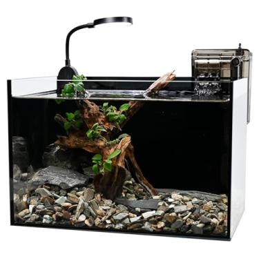 Imagem de Kit de aquário Nano Nature, aquário de mesa de vidro transparente com filtro de cachoeira e luz para iniciantes e crianças manterem peixes Betta, peixes dourados, camarões e plantas aquáticas (preto