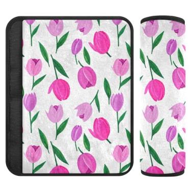 Imagem de Burbuja Capa para cinto de segurança de carro Pink Tulips, macio, confortável, protetor de cinto de segurança para alça de ombro de assento, 1 par pequeno