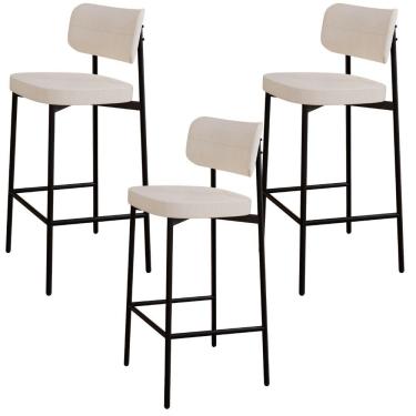 Imagem de Kit 03 Banquetas Alta Bar Cozinha Sala De Jantar Aço Preto Kaira C01 Linho Palha - Lyam Decor