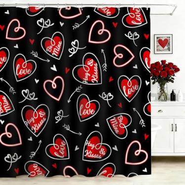Imagem de Mocsicka Cortina de chuveiro de dia dos namorados, preto, vermelho, coração, banheiro, coração, coração, impermeável, cortina de chuveiro, decoração de banheira com 12 ganchos 182 x 182 cm (preto