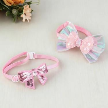Imagem de 2 coleiras para gatos com gravata borboleta, coleiras de cachorro rosa separáveis elegantes com corda ajustável para animais de estimação pequenos e médios, coleira elástica macia para animais de