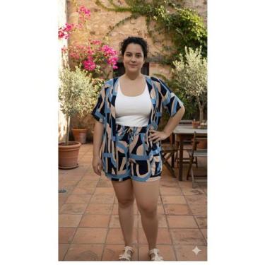 Imagem de Conjunto de Kimono e Shorts Estampado em Viscose Plus Size Cor:VerdeTa