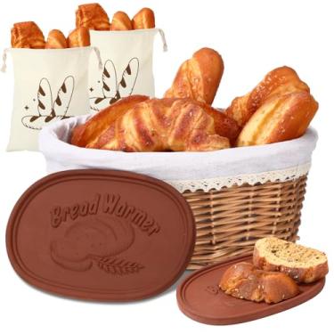 Imagem de Yiyiring Cesta para aquecedor de pão com pedra 30 cm L x 23 cm C x 13,5 cm A. Inclui toalha de linho feita à mão, cesta de pão de vime com pedra mais quente para servir presentes de anfitriã de