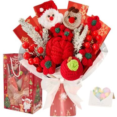 Imagem de inhand Buquê de flores de crochê, decorações de Natal com rena, Papai Noel e poinsétias de rosa vermelha para decoração de mesa, lembrancinhas de festa engraçadas para mulheres, homens, esposa, mãe