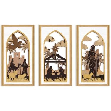 Imagem de Ausril 3 peças Boho Christian Presépio de madeira arte de parede nascimento de Jesus decoração de parede arte católica pendurada arte religiosa de Natal para igreja sala de estar quarto 7,9 x 15,8
