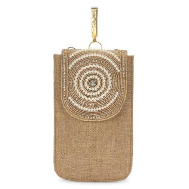 Imagem de LONGING TO BUY Capa elegante para celular com design de pérola dourada, feita de tecido de juta, 20 x 12 cm, padrão espiral decorativo (marrom)