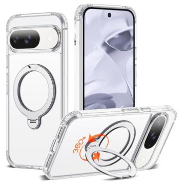 Imagem de RIASOLIN Capa compatível com Google Pixel 9/9 Pro com suporte de anel invisível rotativo de 360°, compatível com Mag-Safe, capa de telefone transparente com ótima sensação de aderência para mulheres e