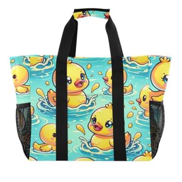 Imagem de ODAWA Sacolas de praia femininas à prova d'água, organizador de piscina, bolsa de praia durável, patos amarelos fofos azul-petróleo, Patos amarelos fofos azul-petróleo, One Size