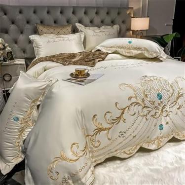 Imagem de Conjunto de cama Style com capa de edredom dupla em cetim bordado, lençóis e fronhas em puro algodão, cor marfim, para cama de 1,80 m.