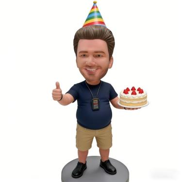 Imagem de Estatueta personalizada com tema de aniversário - estátua pintada à mão com chapéu de festa, acessório de bolo e pager, presente exclusivo de aniversário/Natal/Dia dos Namorados/Ação de Graças para