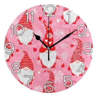 Imagem de Relógio de parede analógico decorativo operado por bateria para quarto e cozinha, decoração de sala de estar, arte moderna, lindo gnomo de Natal vermelho rosa, 25 cm, ponteiros pretos