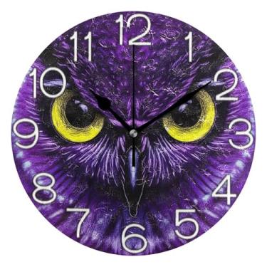 Imagem de GAIGEO Relógio de parede decorativo analógico escritório cozinha relógio redondo sem tique-taque silencioso, retrô moderno art déco decoração de parede bonito desenho animado coruja roxa, 25 cm