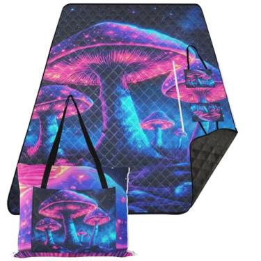 Imagem de TSENQUE Neon Space Cogumelos sem Areia Cobertor de Praia Impermeável Cobertor de grama Tapete de Camping Bonito Cobertor de Piquenique Tapete Dobrável 203 cm x 152 cm