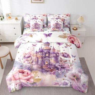 Imagem de jejeloiu Conjunto de edredom de princesa casal, castelo roxo, 7 peças, cama fofa em uma bolsa com edredom, lençóis, fronhas, capas de almofada, decoração de quarto kawaii, roxo, acolchoado macio