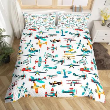 Imagem de Manfei Jogo de cama com estampa de avião de desenho animado, colorido, aviação, estampa de avião, capa de edredom (sem enchimento) para decoração de quarto de meninos e meninas, tamanho solteiro com 1