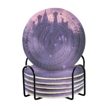 Imagem de Conjunto de 6 porta-copos circulares de mansão gótica roxa assombrada com rack de armazenamento preto, 10 cm de diâmetro, porta-copos para mesa de centro