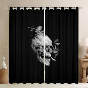 Imagem de Erosebridal Cortinas de caveira esfumaçada 96,5 cm x 137,2 cm, cortinas de janela com folhas de maconha cinza para crianças, adolescentes e adultos, cortinas blackout de esqueleto gótico, cortinas
