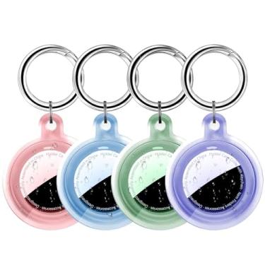 Imagem de Pacote com 4 capas protetoras de TPU líquido macio e silicone com chaveiro para Apple para AirTag, capa antiarranhões em cores sortidas, rosa/azul/roxo/verde