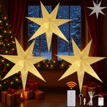 Imagem de YPGFDZYDHH Pacote com 3 lanternas de estrela de papel de 58 cm com luzes de LED, 7 pontos de luz de estrela pendurada para Natal, casamento, aniversário - Lanterna de papel 3D branca bordada com
