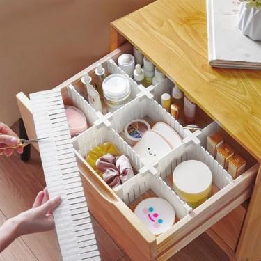 Imagem de 4 divisórias de gaveta brancas, divisórias ajustáveis, organizador de gaveta com 2 fechos para meias, roupas íntimas, maquiagem, armazenamento de cozinha de escritório