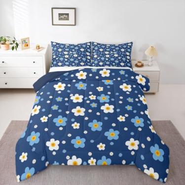 Imagem de Feelyou Conjunto de cama de margarida azul e branca, macio para meninos e meninas, conjunto de edredom com estampa de flores, tamanho solteiro, edredom de microfibra, floral, 2 peças com 1 fronha