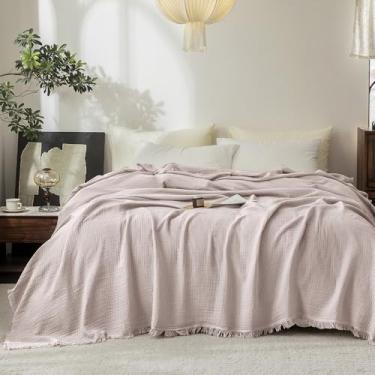 Imagem de FOSSA Cobertor de musselina com franja - 4 camadas de gaze 100% algodão super macio e respirável - Cobertor refrescante decorativo leve para cama, sofá, escritório (rosa acinzentado, Queen (228 cm ×