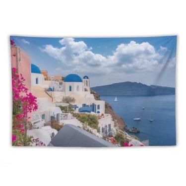 Imagem de Tapeçaria de igreja de cúpula azul buganvílias rosa à beira-mar veleiros Cliffside Village vibrante vista costeira decoração de parede para casa sala de estar quarto 152 x 230 tapeçarias