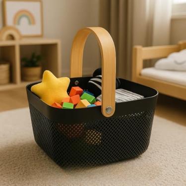 Imagem de Cesto Organizador de Plástico com Alça de Bambu – Multiuso para Cozinha e Banheiro(QUADRADO PRETO)