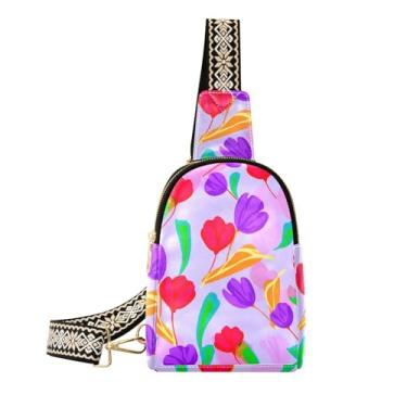 Imagem de CEBUGI Bolsa tiracolo feminina com flores abstratas, bolsa tiracolo de couro, bolsa de peito para caminhadas, viagens ao ar livre