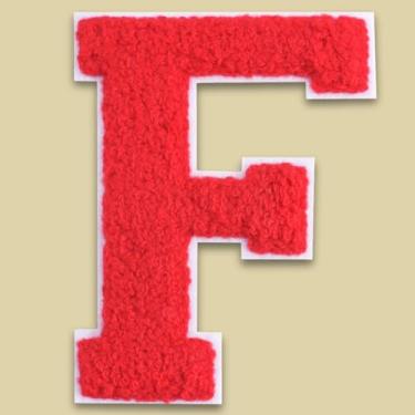 Imagem de QianSiLi Remendos de letras universitárias de chenille vermelho de 15 cm, letras grandes para jaquetas Letterman, moletons com capuz, mochilas, coletes, roupas, adesivos individuais da letra F