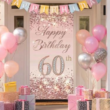 Imagem de BlissYard Capa de porta de aniversário de 60 anos 178 x 89 cm elegante faixa de aniversário de ouro rosa com glitter para mulheres número sexagésimo marco celebração festa foto cabine adereço