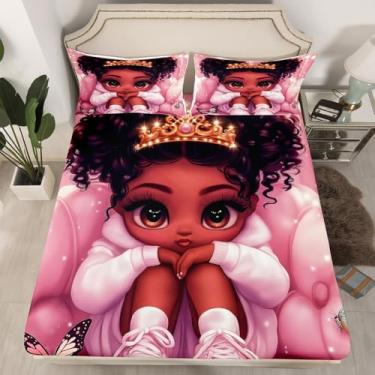 Imagem de Jogo de lençol kawaii para meninas negras mágicas rosa afro-americanas para decoração de quarto kawaii, princesa com glitter, lençol com elástico para crianças, meninos, crianças, casa