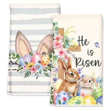 Imagem de Miss Adola Toalhas de cozinha de Páscoa - Pano de prato de cozinha de microfibra de Páscoa 45 x 66 cm, 2 peças de toalhas de mão absorventes decorativas com laço para pendurar para presentear a