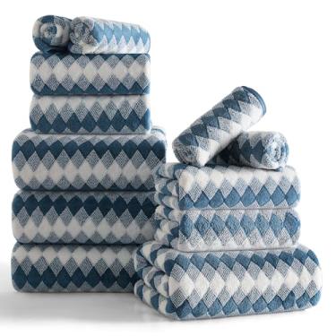 Imagem de Conjunto de 12 toalhas de diamante branco marinho - 4 toalhas de banho, 4 toalhas de mão, 4 toalhas de poliéster macio com laço absorvente toalha de banho toalha de praia de secagem rápida toalhas de