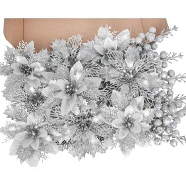 Imagem de RICHMYC Flores de Natal com glitter artificial, 24 peças, flores de poinsétia, bagas, decoração de Natal, enfeites de árvore de Natal, guirlanda de guirlanda, prateado