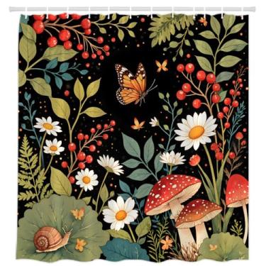 Imagem de Cortina de chuveiro de cogumelo floral boho flores desabrochando folhas verdes caracol vermelho baga borboleta rústica fundo preto decoração banheiro cortinas de tecido poliéster com ganchos 170 L x