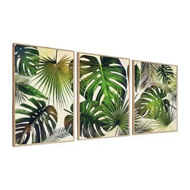 Imagem de Kit com 3 Quadros Canvas 100x65 cm Folhagens Tropicais Monstera e Palmeiras Natural e Sofisticada com Moldura Carvalho