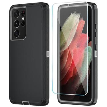 Imagem de ONOLA Capa de celular para Samsung Galaxy S21 Ultra com protetor de tela HD, resistente, à prova de choque e à prova de quedas, capa para celular Galaxy S21 Ultra de 16,8 cm, cinza preto