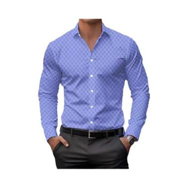 Imagem de Camisa Casual Masculina Com Estampa Xadrez Clássica, Gola Lapela, Mang