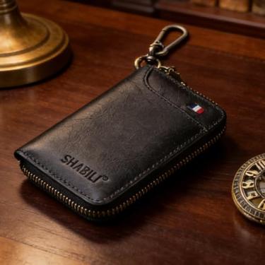 Imagem de Carteira masculina de couro curta com zíper, carteira compacta preta elegante (preto)