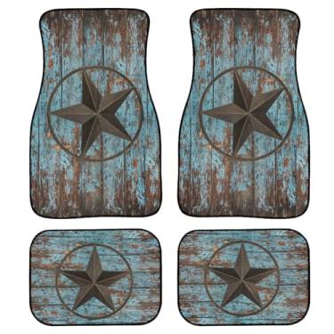 Imagem de AIYOOLER Tapetes rústicos do oeste do Texas Star para carro, azul-petróleo, marrom, campo, celeiro, madeira, para carros, 4 peças, tapetes automotivos, dianteiros e traseiros, acessórios universais