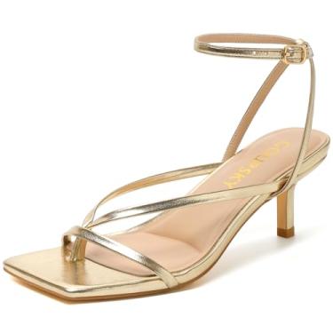Imagem de GOUPSKY Sandálias femininas de salto gatinho com tiras com cadarço, bico aberto, salto alto, sexy, tira no tornozelo, tanga de salto para festa de casamento, Dourado, 39