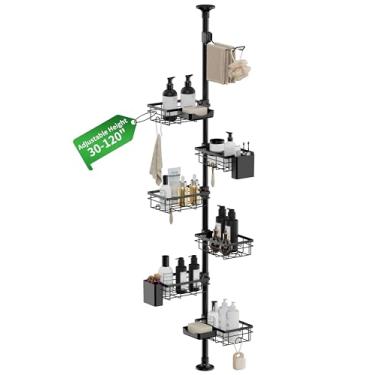 Imagem de PEJATTN Organizador de chuveiro de canto, poste de tensão ajustável, prateleira de canto de 76 a 300 cm com toalheiro, suporte de escova de dentes, saboneteira para organizadores de banheiro e