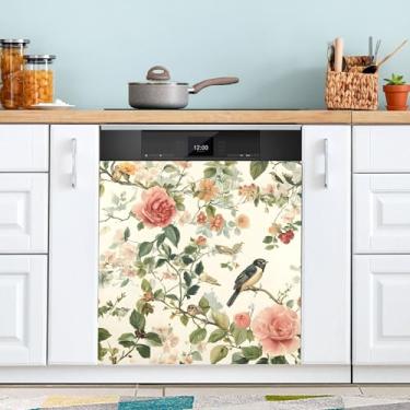 Imagem de SEHANY Lindas flores fofas pássaros capa magnética para lava-louças, adesivos magnéticos decorativos antiarranhões para painel de geladeira e lava-louças, decoração de flores de fazenda, cozinha