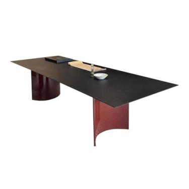Imagem de hezhuhe2258 Mesa de escritório em casa moderna mesa de escritório de luxo com moldura de metal curva vermelha, espaçosa conferência de jantar retangular (G)