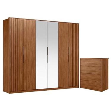 Imagem de Cômoda Atria 4 Gavetas e Guarda Roupa Casal Ripado Atrice Nogueira Touch com Espelho Demóbile - Demartêz