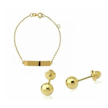 Imagem de Kit Pulseira Ouro 18k Infantil Chapinha Com Brinco Bola 3mm - Aea Joia
