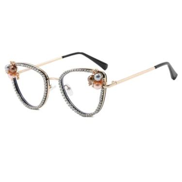 Imagem de HPIRME Óculos de lentes transparentes femininos, armação de óculos de pérolas, estilo feminino, luxuosos, em metal (preto)