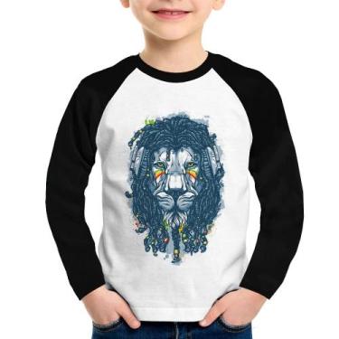 Imagem de Camiseta Raglan Infantil Leão Reggae Manga Longa - Foca na Moda, Branc